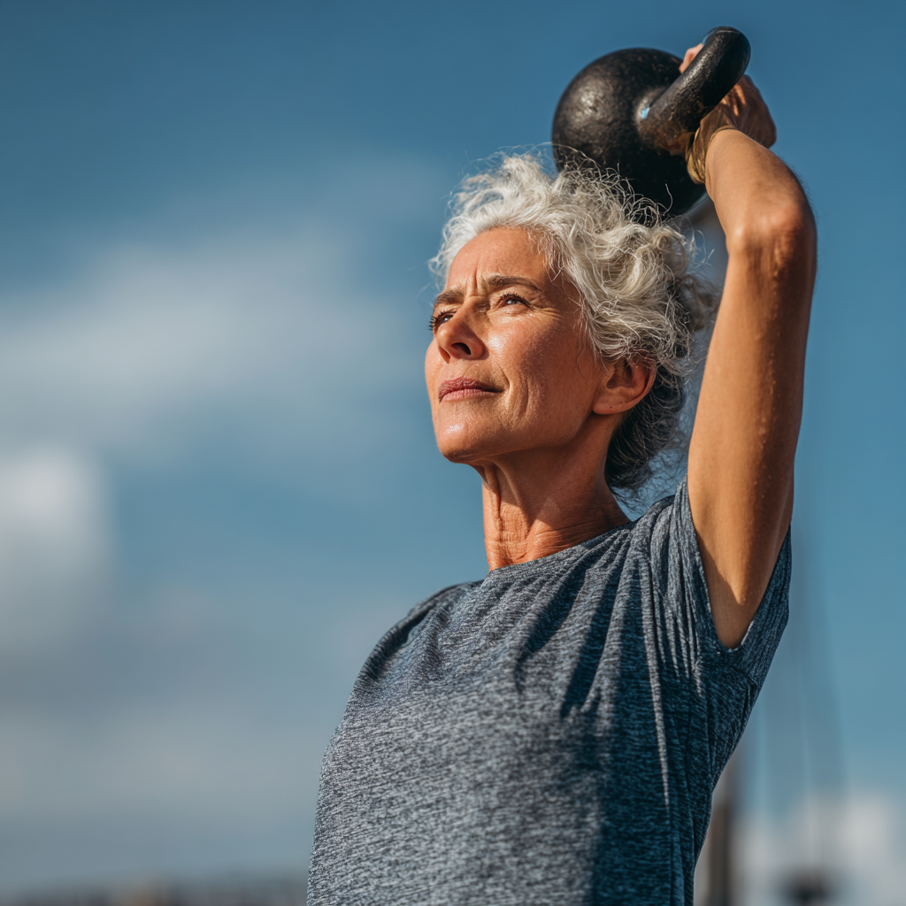Жінка 58 років займається кросфітом з гирею на відкритому повітрі