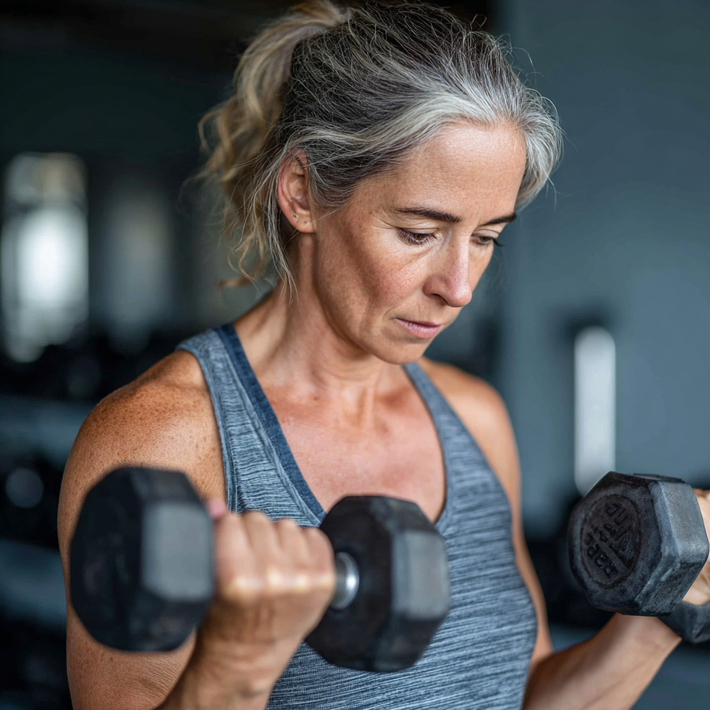 Жінка 55 років виконує силові вправи з гантелями в залі