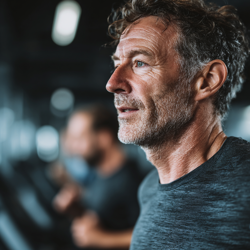 Чоловік 60 років займається кардіо на біговій доріжці