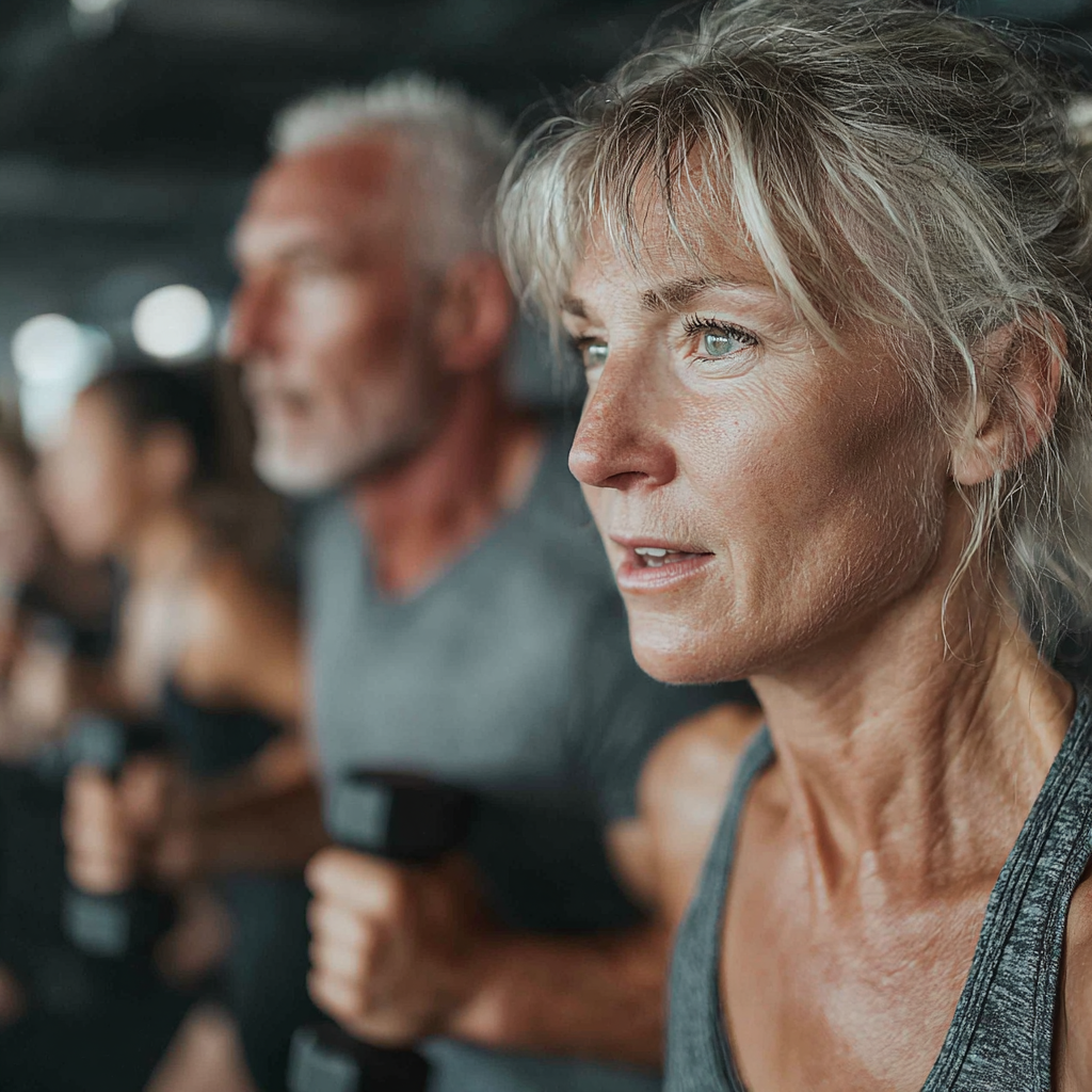 Група людей 50-60 років виконує HIIT вправи в спортзалі